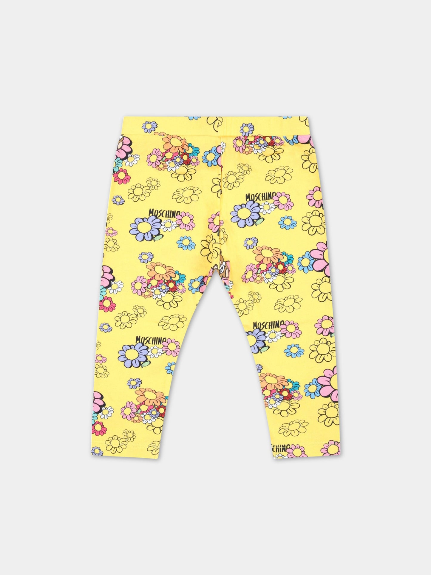 Leggings gialli per neonata con fiori e Teddy Bear,Moschino Kids,M0P02N LBC01 84296