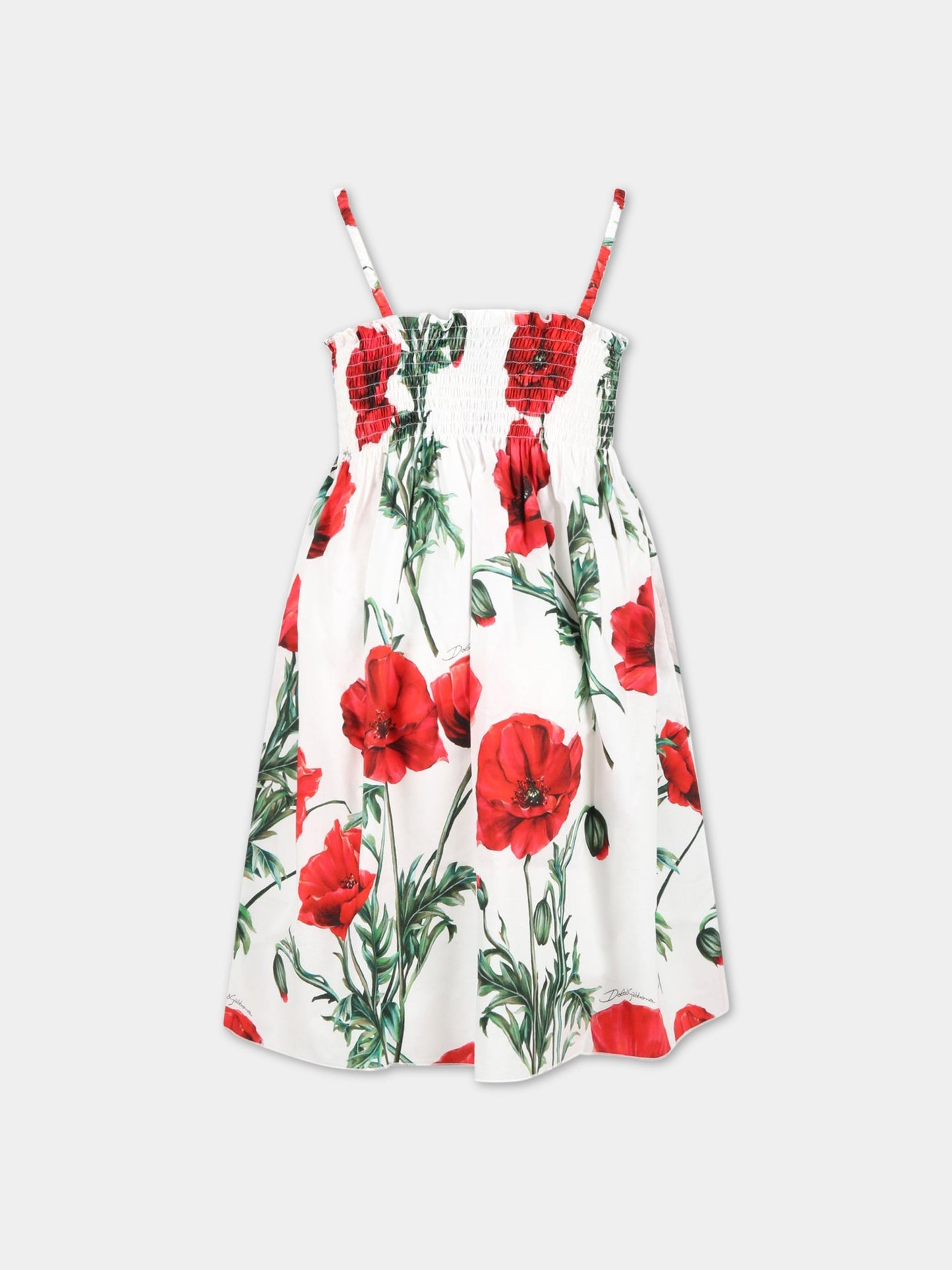 Vestito bianco per bambina con papaveri e logo,Dolce & Gabbana Kids,L52DA6 HS5O1 HA3VN