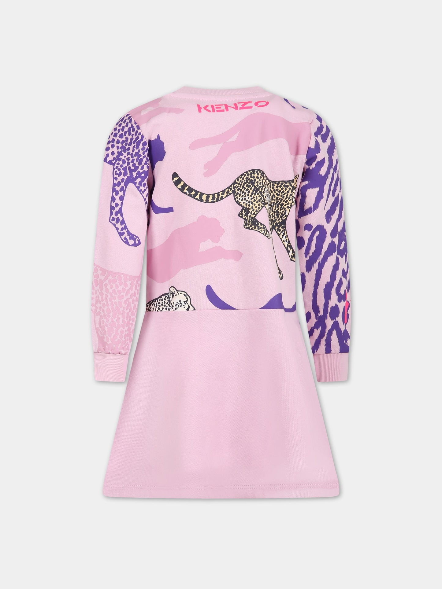 Vestito rosa per bambina con Kotora, ghepardo e logo,Kenzo Kids,K12253 922
