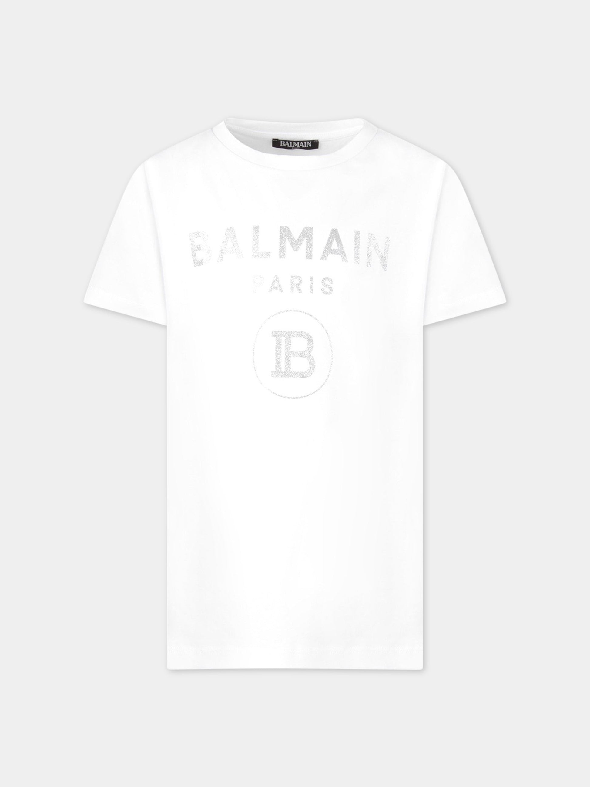 T-shirt bianca per bambina con logo argentato,Balmain Kids,6L8071 LX160 100AG