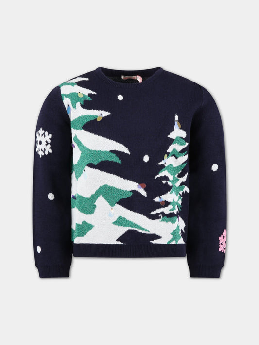 Maglione blu per bambina con alberi,Billieblush,U15904 85T