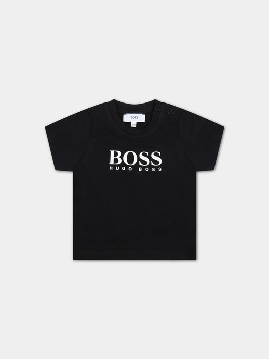 T-shirt nera per neonati con logo bianco,Hugo Boss,J05P07 09B