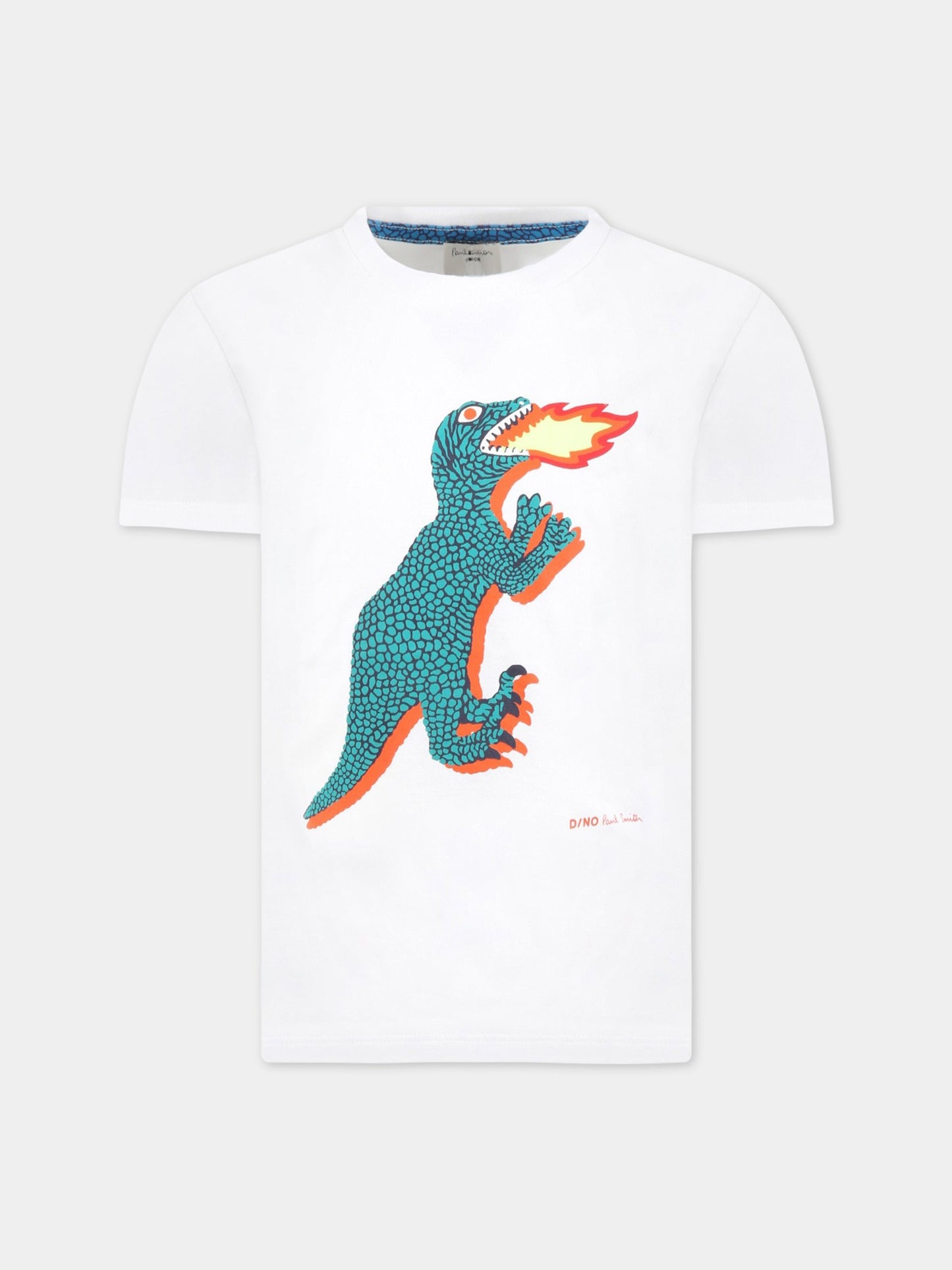 T-shirt bianca per bambino con dinosauro fluorescente,Paul Smith Junior,P25221 10P