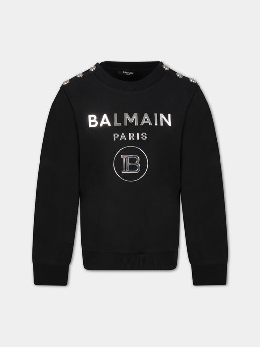 Felpa nera per bambini con logo argentato,Balmain Kids,6Q4080 F0015 930AG