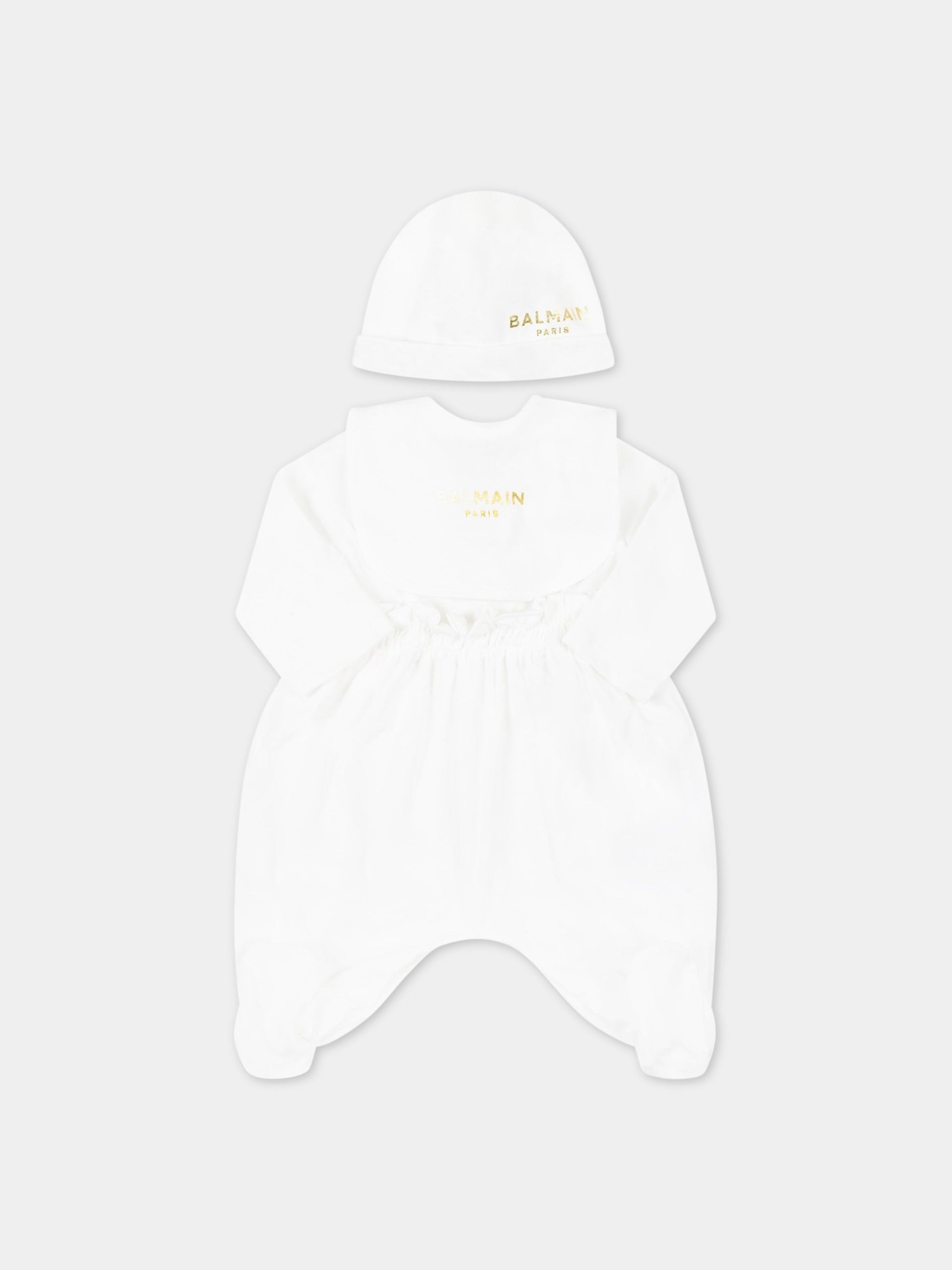 Set bianco per neonata con logo dorato,Balmain Kids,6Q8860 J0006 100