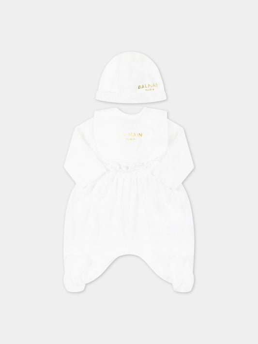 Set bianco per neonata con logo dorato,Balmain Kids,6Q8860 J0006 100