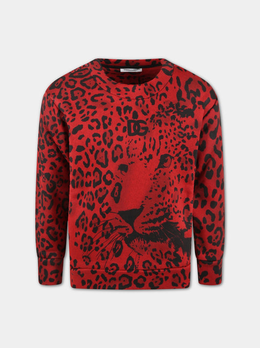 Felpa rossa per bambino con stampa animalier,Dolce & Gabbana Kids,L4JWCL G7BUQ HRTYN