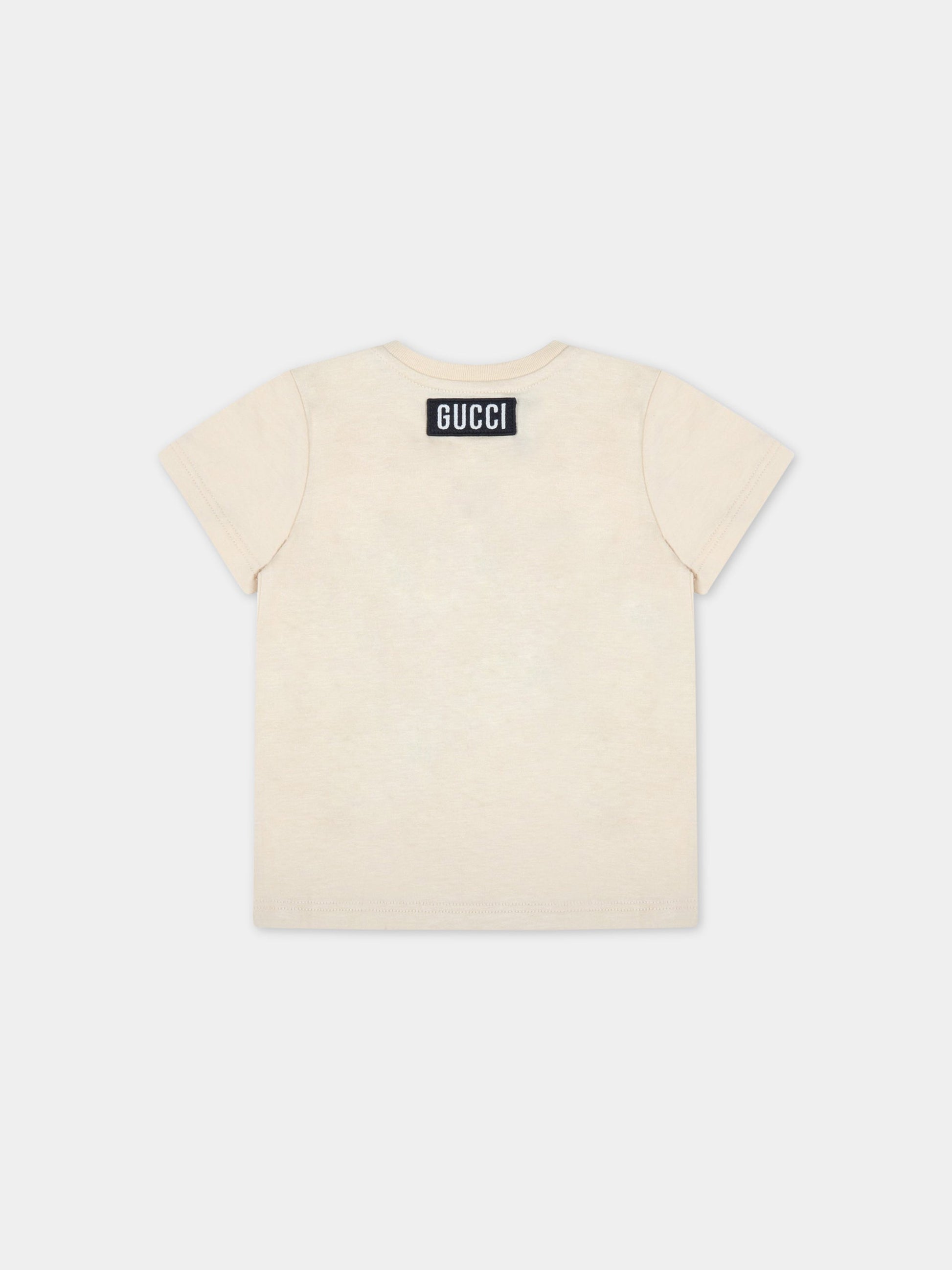 T-shirt beige per neonati con gatti e logo,Gucci Kids,548034 XJD2D 7193