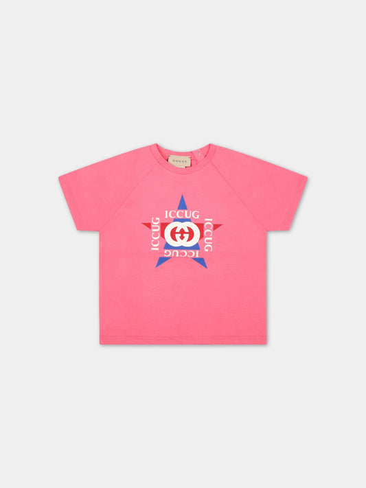 T-shirt rosa per neonata con loghi,Gucci Kids,600127 XJDZ7 5504