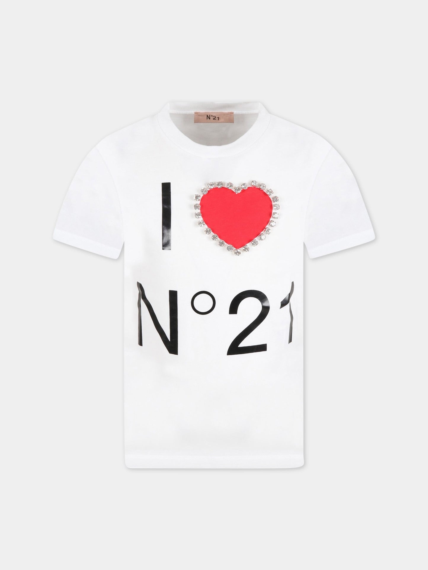 T-shirt bianca per bambina con cuore rosso e swaroski,N°21 Kids,N214E6 N0080 0N100
