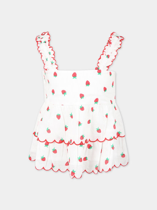 Top bianco per bambina con fragole,Stella Mccartney Kids,8Q5AC2 Z0139 100RO