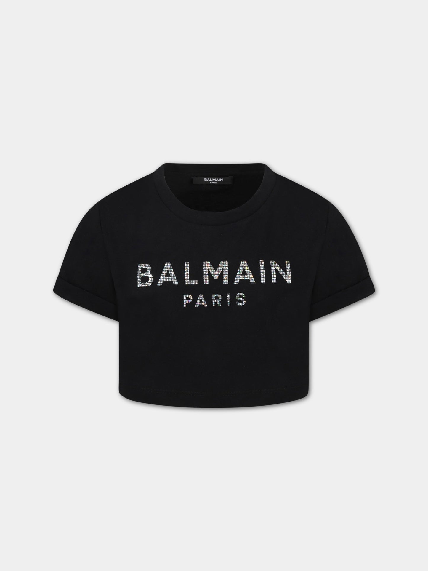 T-shirt nera per bambina con logo di strass,Balmain Kids,6R8A61 Z0057 930