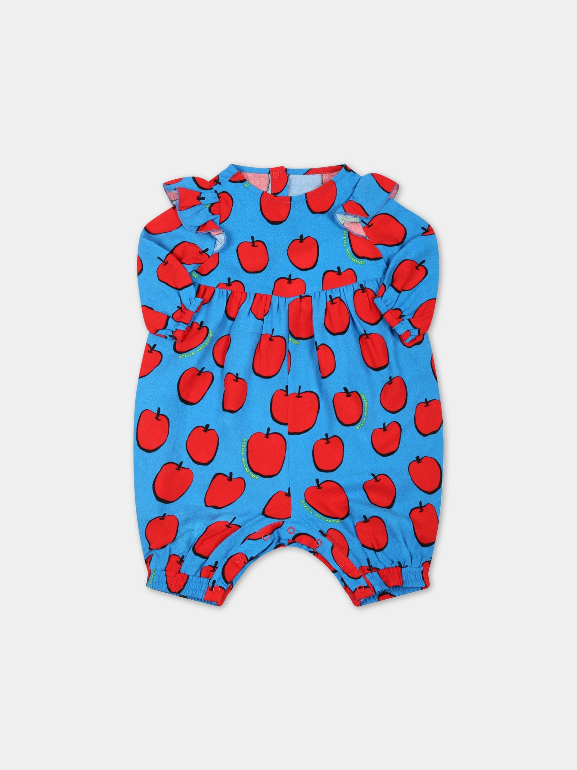 Tutina azzurra per neonati con mele rosse e logo giallo,Stella Mccartney Kids,8RA000 Z0471 618RO