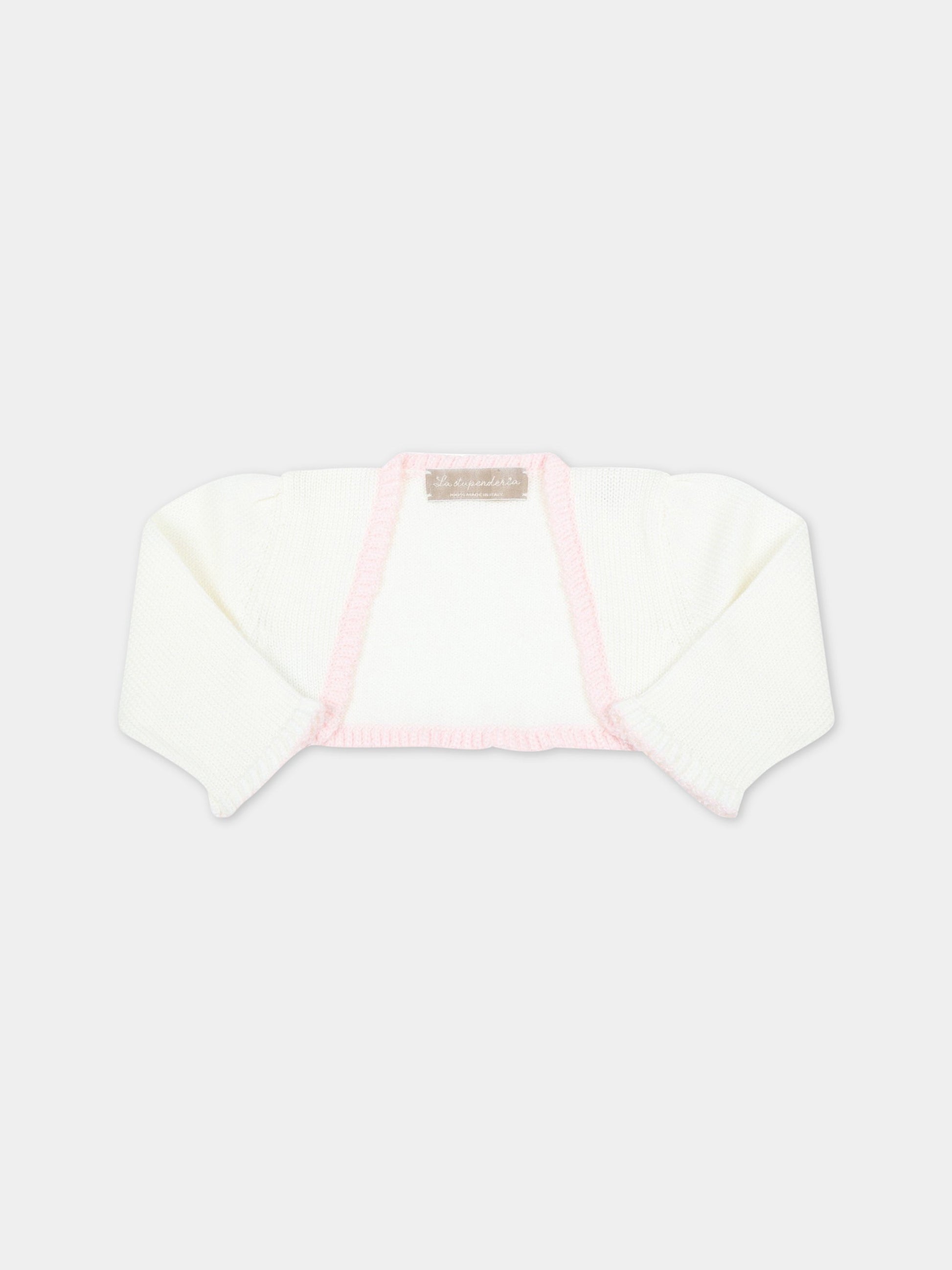 Cardigan bianco per neonato con orlo rosa,La Stupenderia,WBSS02800 803