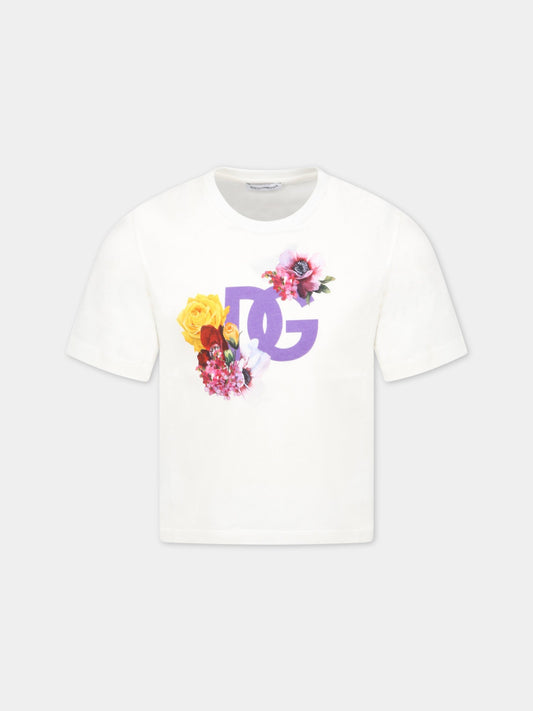 T-shirt avorio per bambina con fiori,Dolce & Gabbana Kids,L5JTKB G7E7W HA3VT