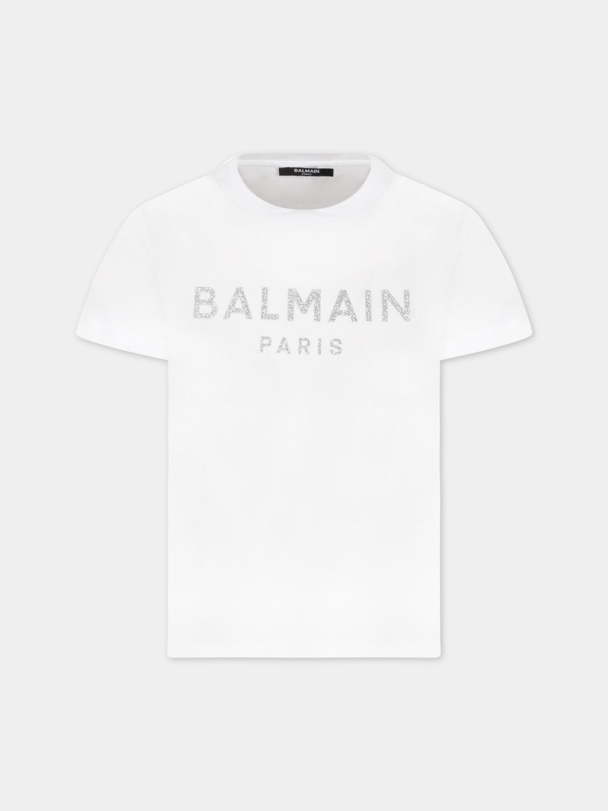 T-shirt bianca per bambina con logo,Balmain Kids,6R8C01 J0177 100AG