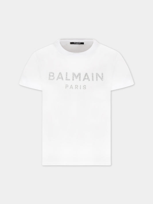 T-shirt bianca per bambina con logo,Balmain Kids,6R8C01 J0177 100AG