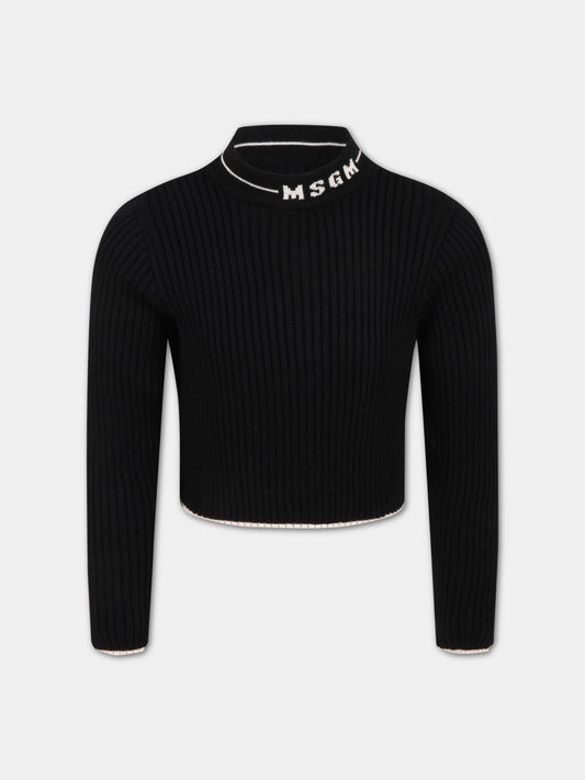 Black turtleneck for girl with logo,Msgm Kids,MS029179 110