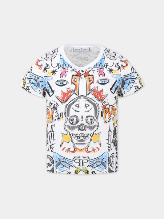 T-shirt bianca per bambino con loghi,Philipp Plein Junior,2PM004 LAA26 WHITE BAS