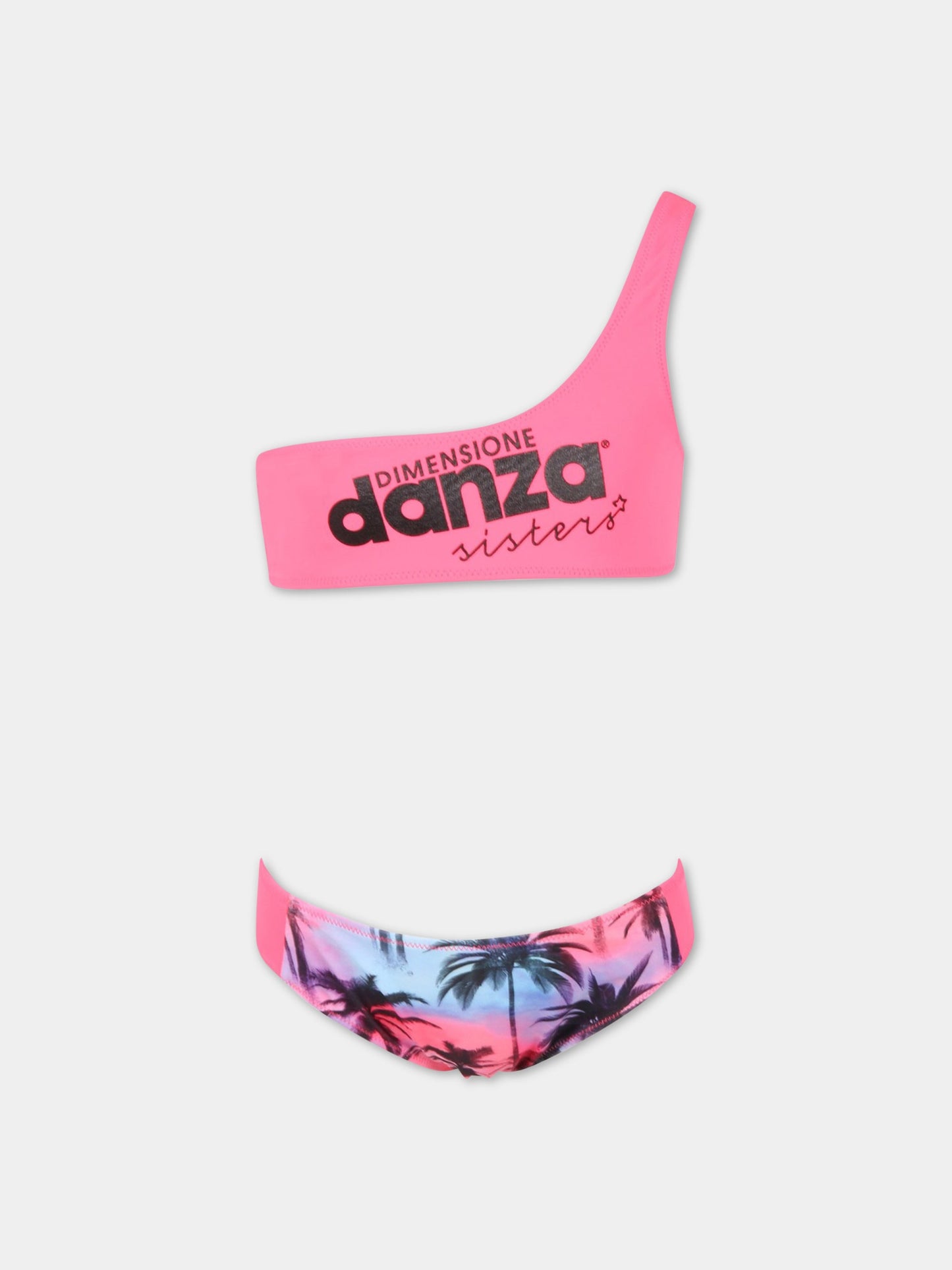 Bikini fucsia fluo per bambina con logo nero,Dimensione Danza,029732 200