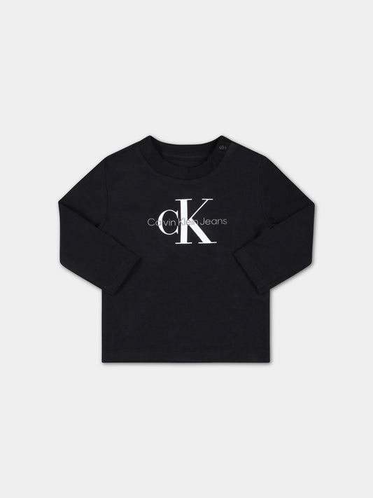 T-shirt nera per neonato con logo bianco e grigio,Calvin Klein Kids,CKIN0IN00005 IN0IN00005 BEH