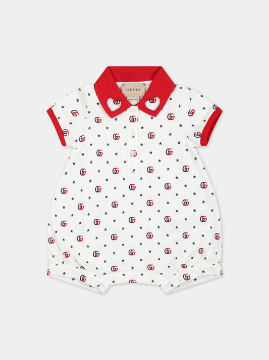 Pagliaccetto bianco per neonata con Doppia G e stelle,Gucci Kids,718010 XJE3F 9275