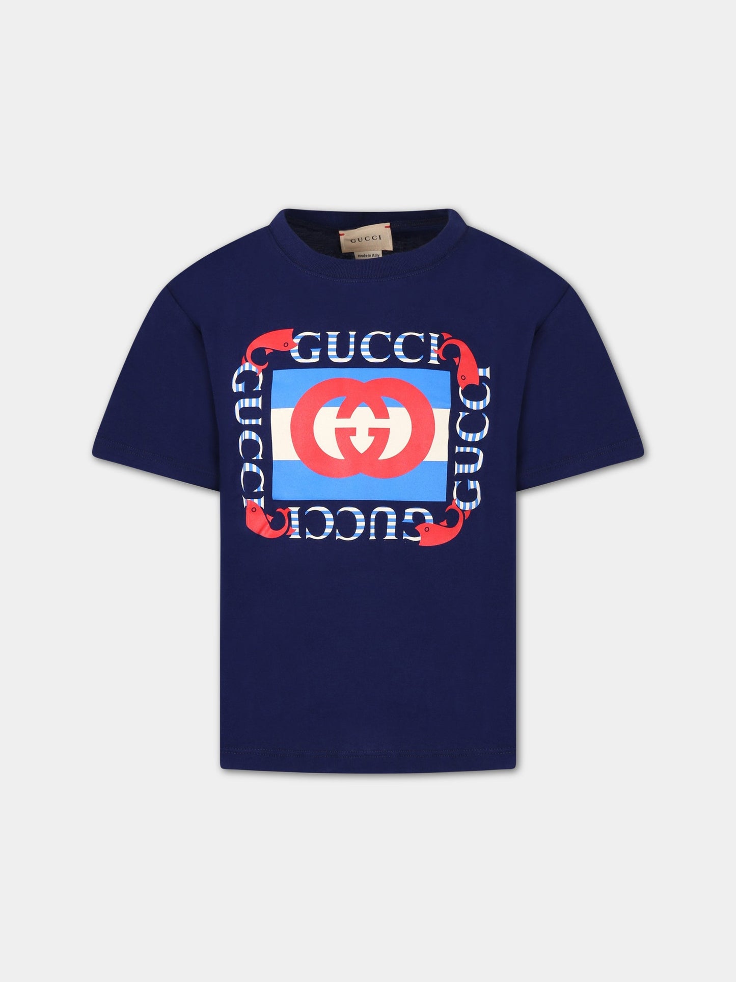 T-shirt blu per bambino con logo giallo,Gucci Kids,575114 XJEY8 4684