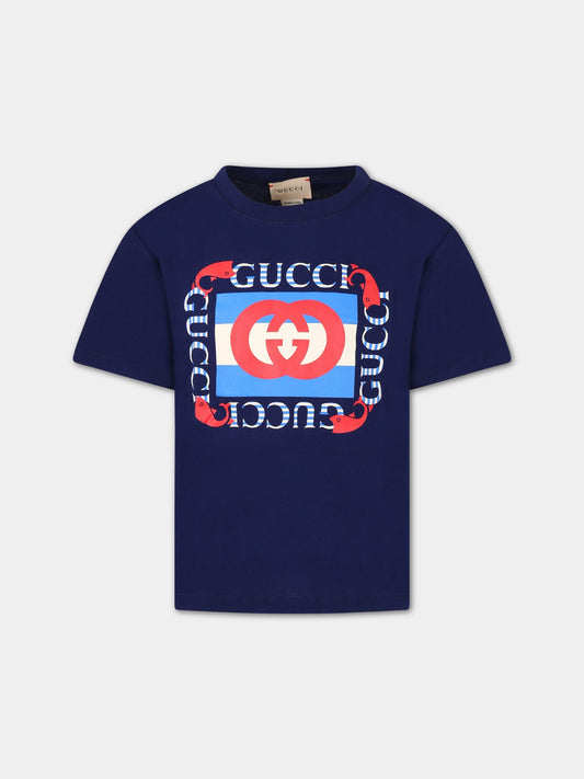 T-shirt blu per bambino con logo giallo,Gucci Kids,575114 XJEY8 4684