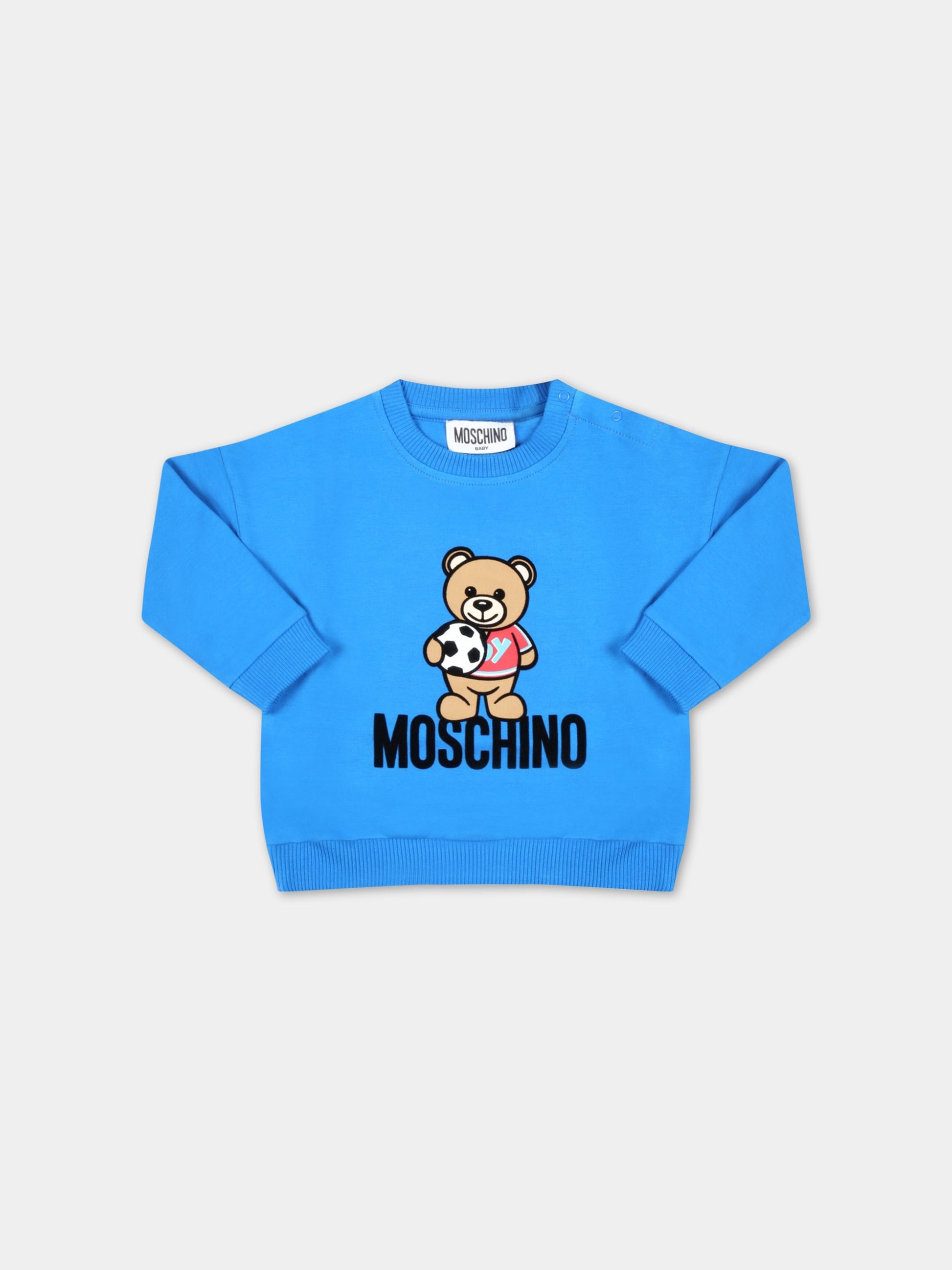 Felpa azzurra per neonato con Teddy Bear calciatore,Moschino Kids,MSF03Q LDA27 40515