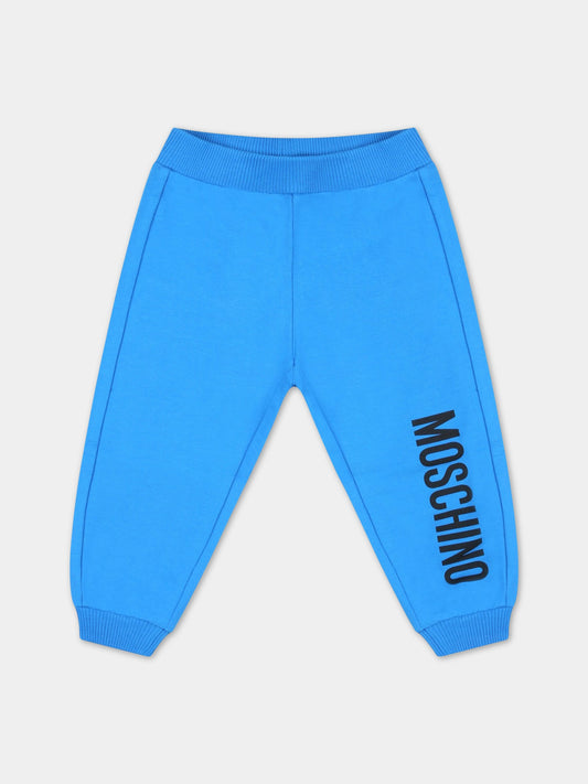 Pantaloni azzurri da tuta per neonato con logo nero,Moschino Kids,MMP04O LDA27 40515