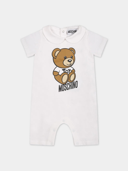 Pagliaccetto bianco per neonati con Teddy Bear e logo nero,Moschino Kids,MUY058 LBA10 10101