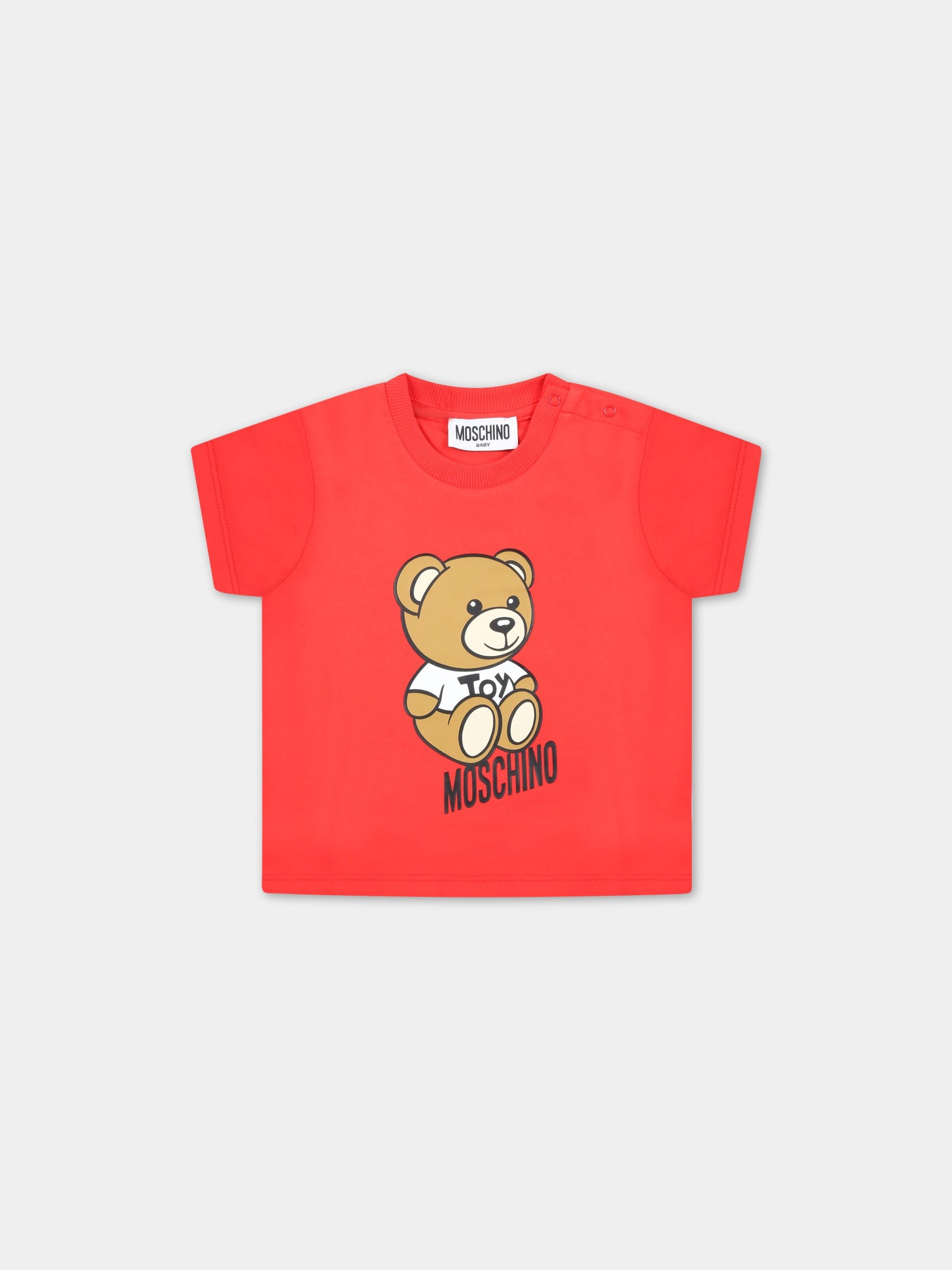 T-shirt rossa per neonato con Teddy Bear e logo nero,Moschino Kids,MUM03D LBA10 50109