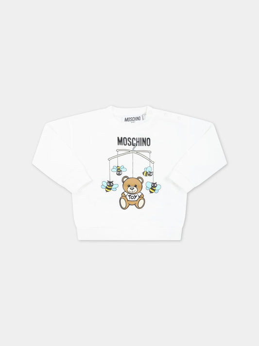 Felpa bianca per neonato con Teddy Bear e api,Moschino Kids,MWF03N LCA19 10063