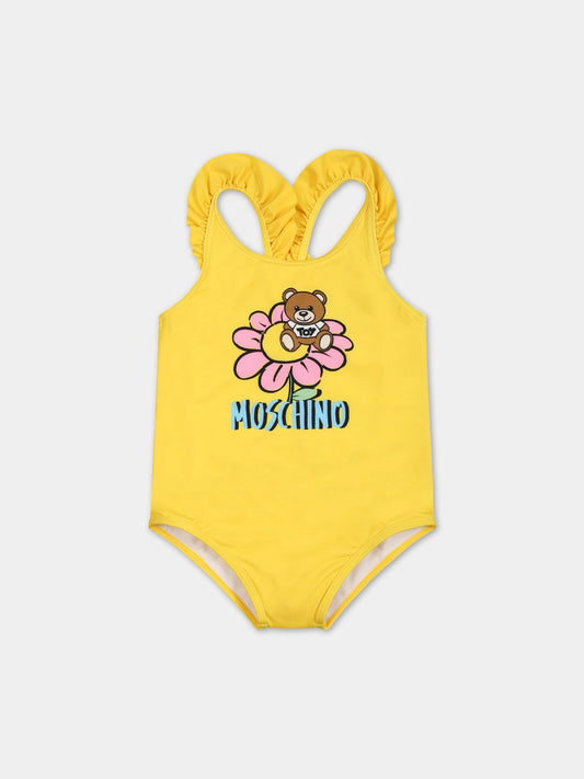 Costume giallo per neonata con Teddy bear e logo,Moschino Kids,MDL00L LKA00 50162