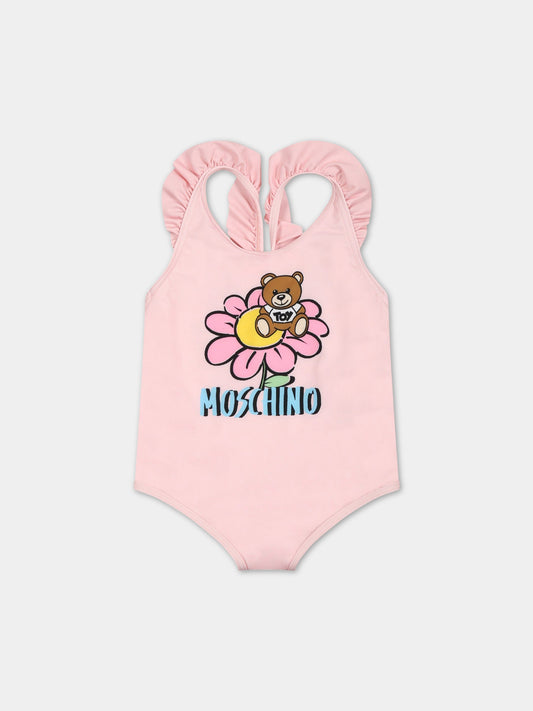 Costume rosa per neonata con Teddy bear e logo,Moschino Kids,MDL00L LKA00 50209