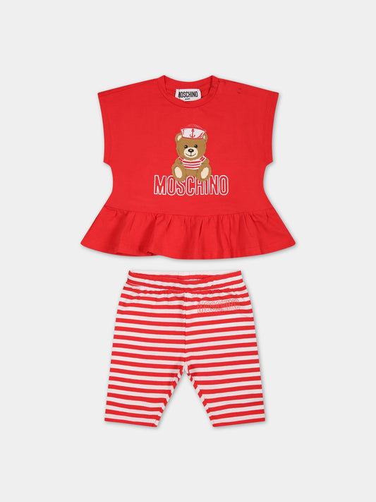 Completo rosso per neonata con Teddy Bear e logo,Moschino Kids,MDG00R LBE05 84615