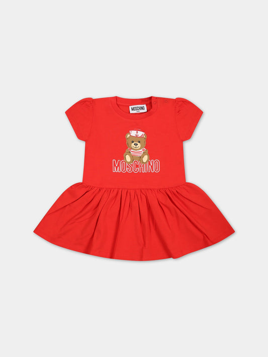 Vestito rosso per neonata con Teddy Bear e logo,Moschino Kids,MDV0AD LBA00 50109