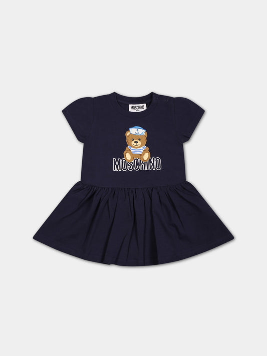 Vestito blu per neonata con Teddy Bear e logo,Moschino Kids,MDV0AD LBA00 40016