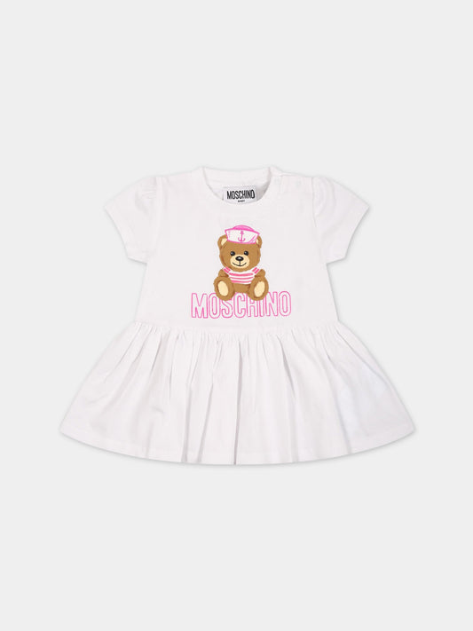 Vestito bianco per neonata con Teddy Bear e logo,Moschino Kids,MDV0AD LBA00 10101