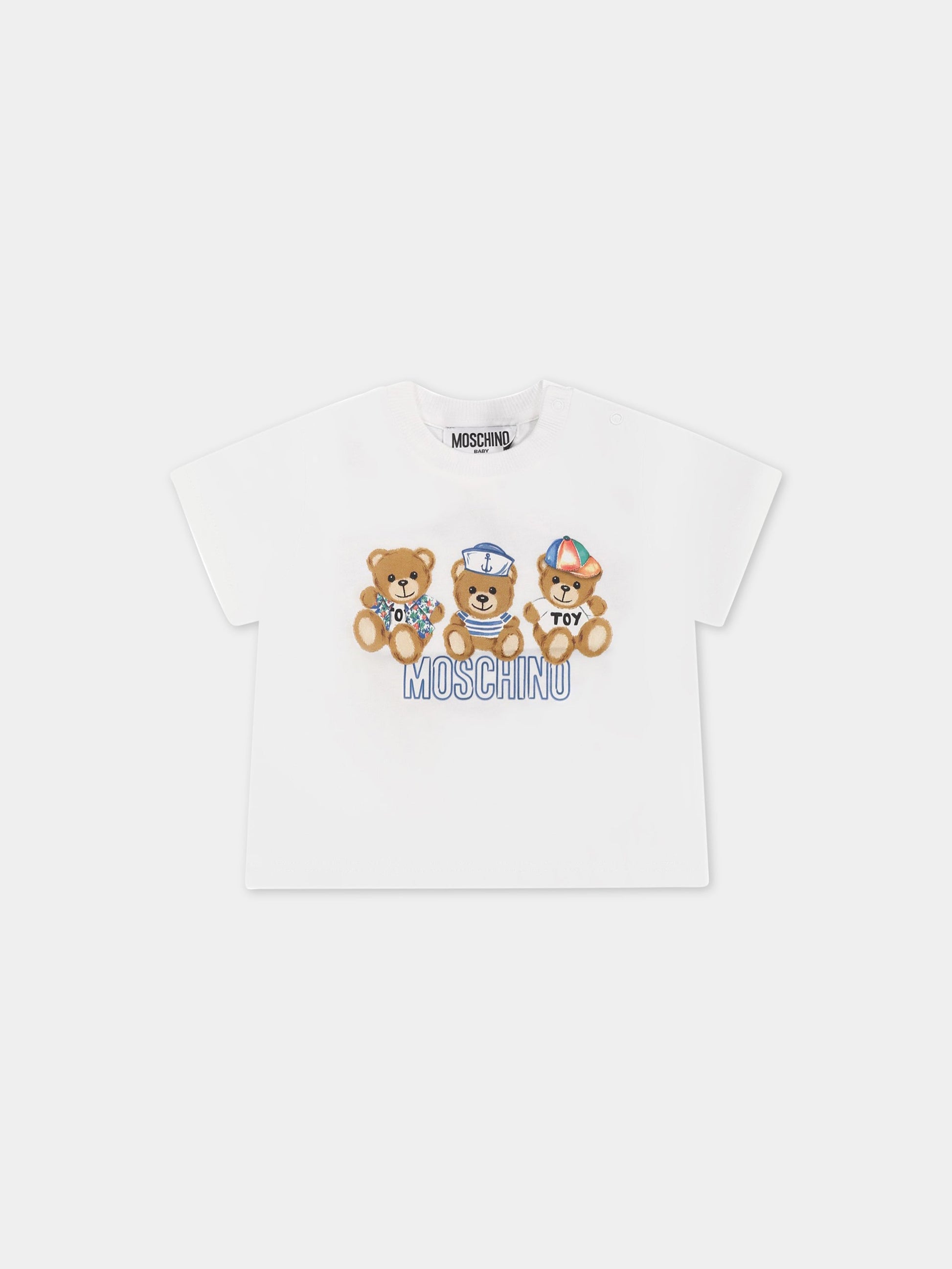 T-shirt bianca per neonati con Teddy Bear e logo,Moschino Kids,MRM032 LAA02 10101