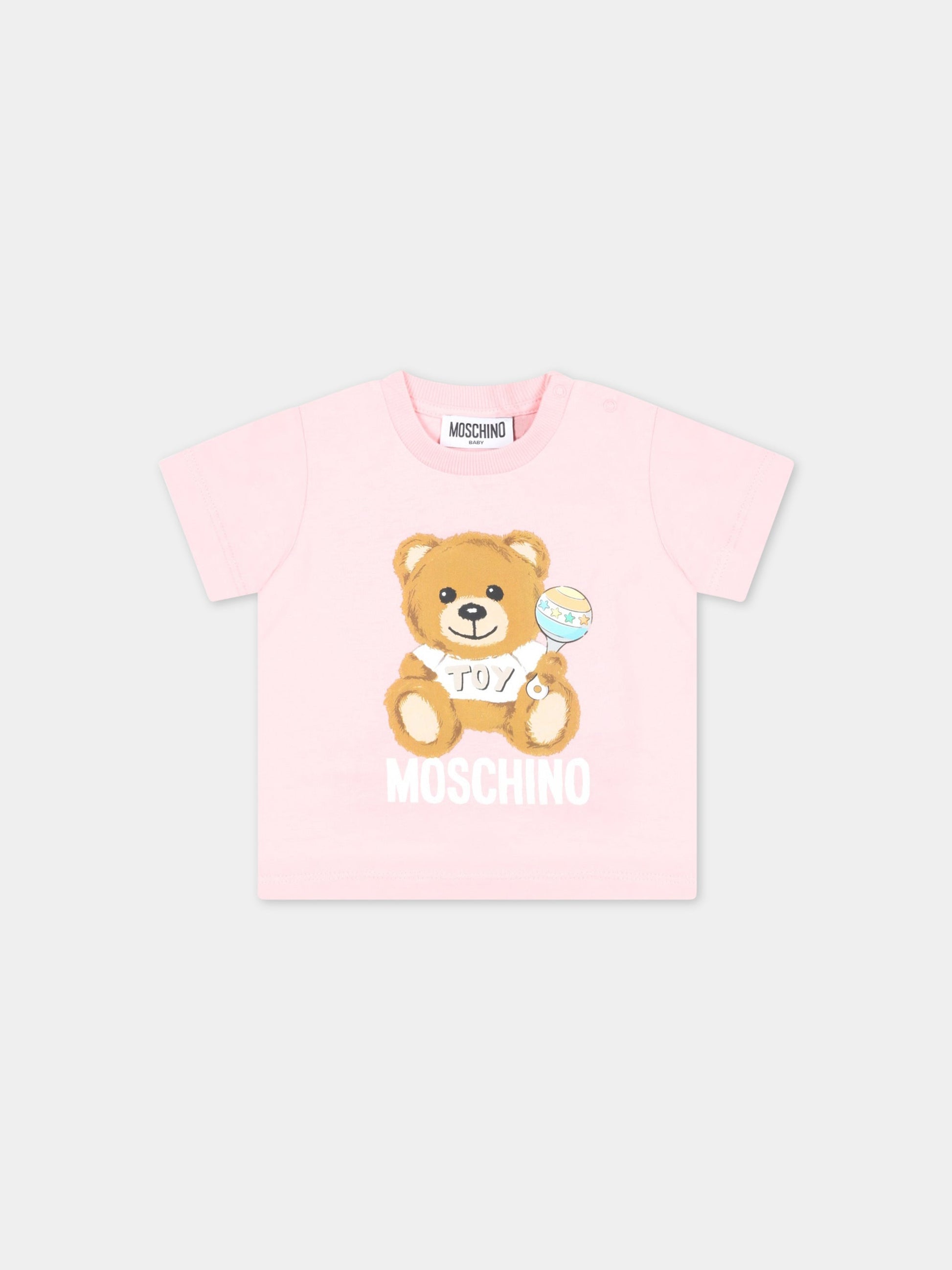 T-shirt rosa per neonata con Teddy Bear e logo,Moschino Kids,MOM032 LAA03 50209
