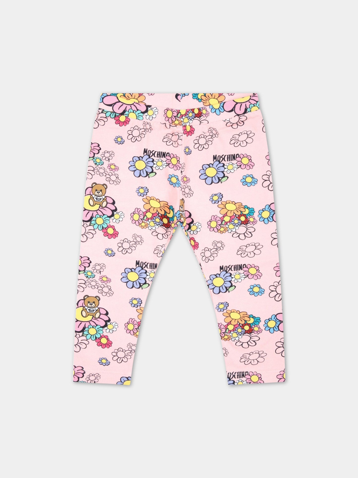 Leggings rosa per neonata con fiori e Teddy Bear,Moschino Kids,M0P02N LBC01 84619