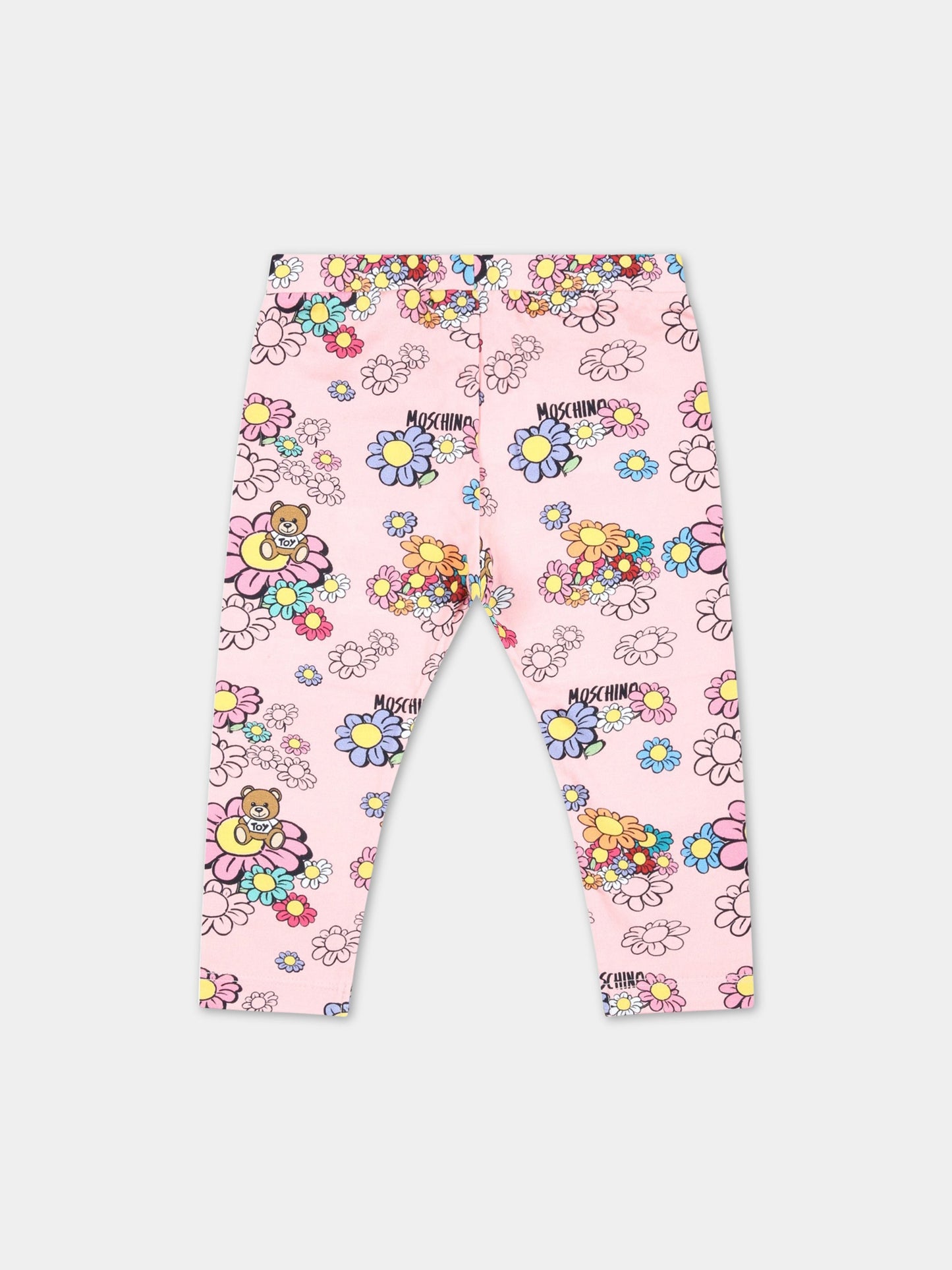 Leggings rosa per neonata con fiori e Teddy Bear,Moschino Kids,M0P02N LBC01 84619