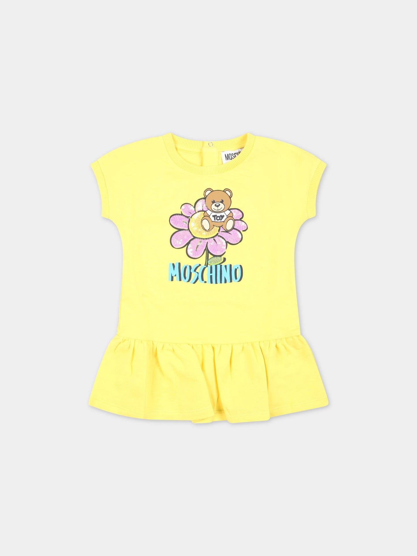 Vestito giallo per neonata con Teddy Bear e fiore,Moschino Kids,MEV06U LDA12 50162