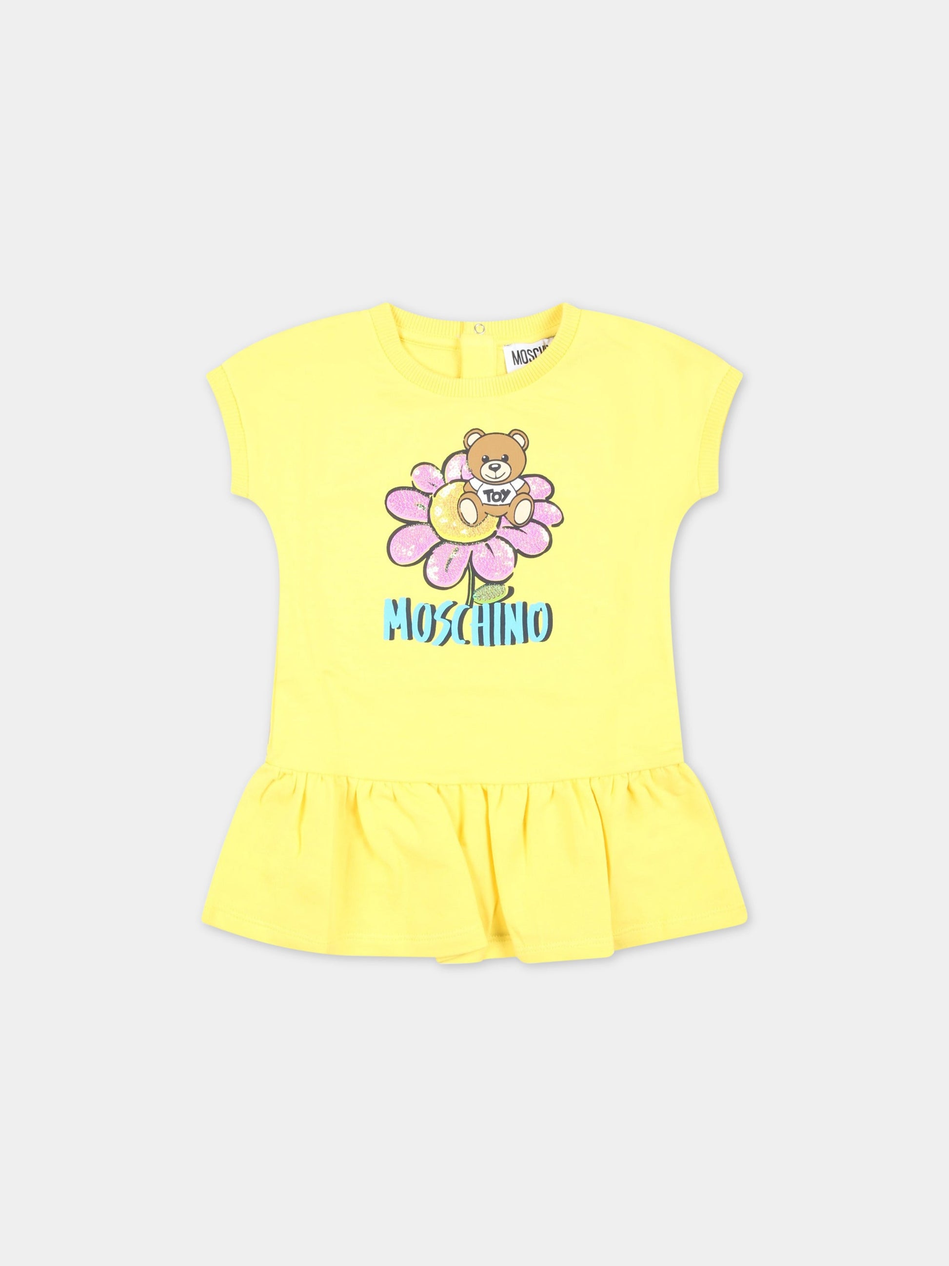Vestito giallo per neonata con Teddy Bear e fiore,Moschino Kids,MEV06U LDA12 50162