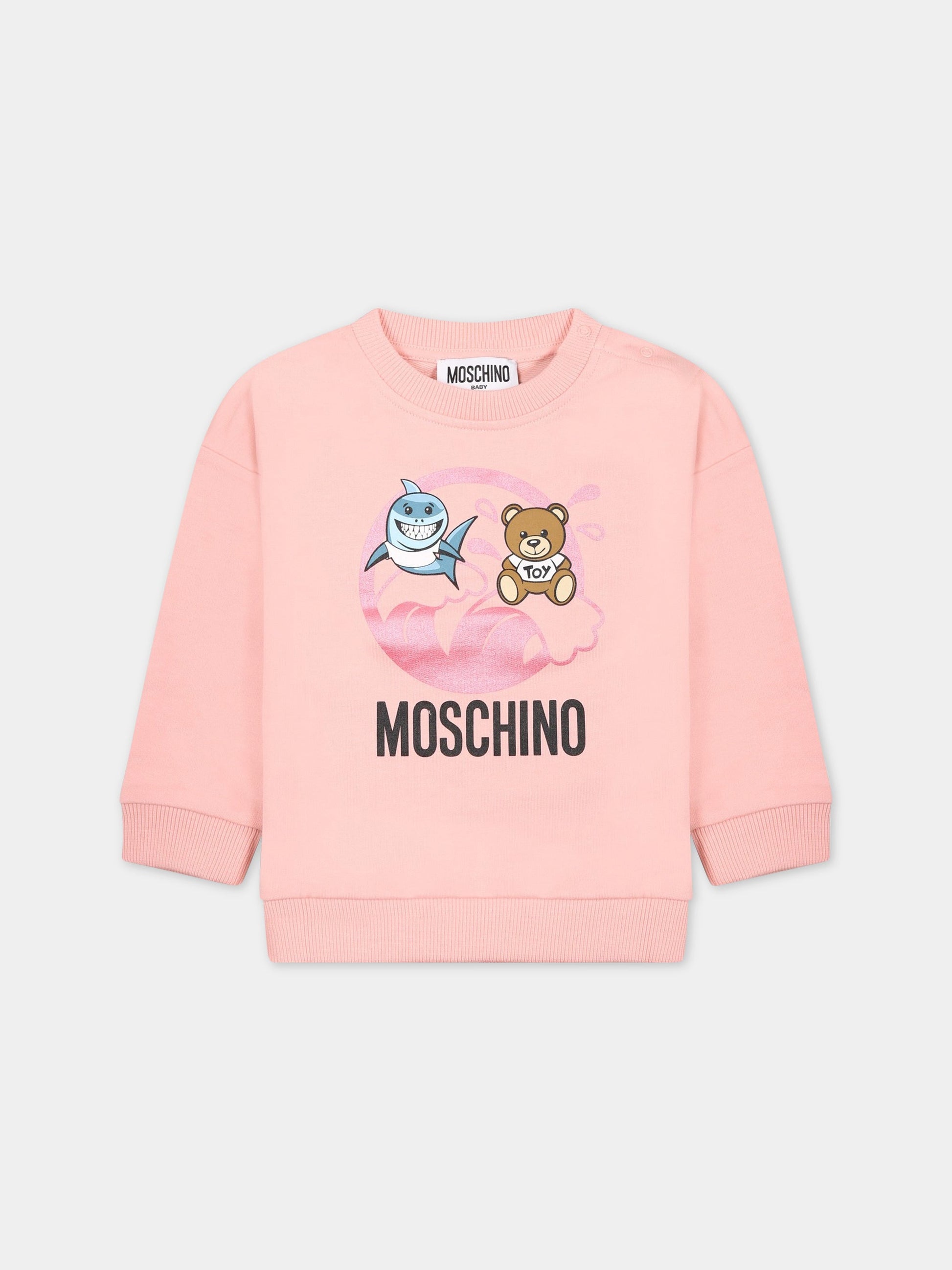 Felpa rosa per neonata con Teddy Bear e logo,Moschino Kids,MUF04S LCA19 50209