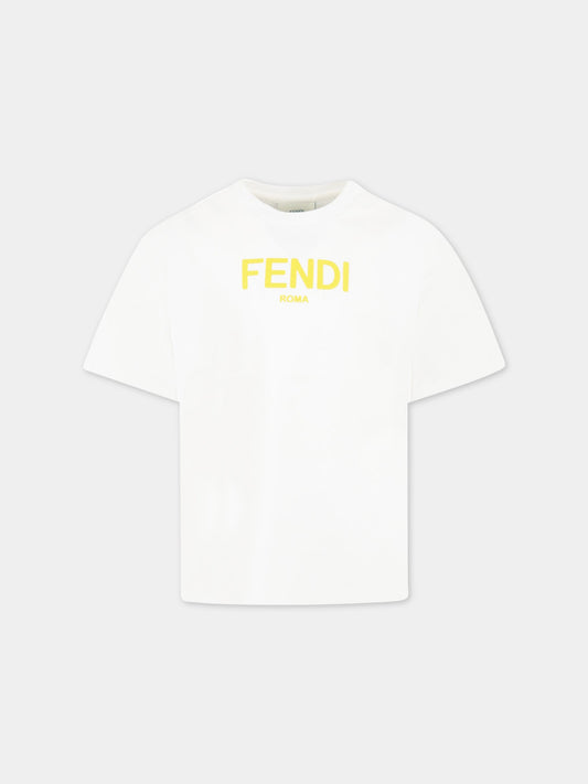 T-shirt bianca per bambini con logo giallo,Fendi Kids,JUI137 7AJ F0TU9