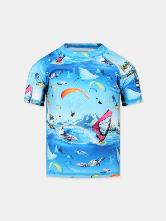 T-shirt azzurra anti UV per bambino con stampa animali e paracadute,Molo,8S23P203 6712