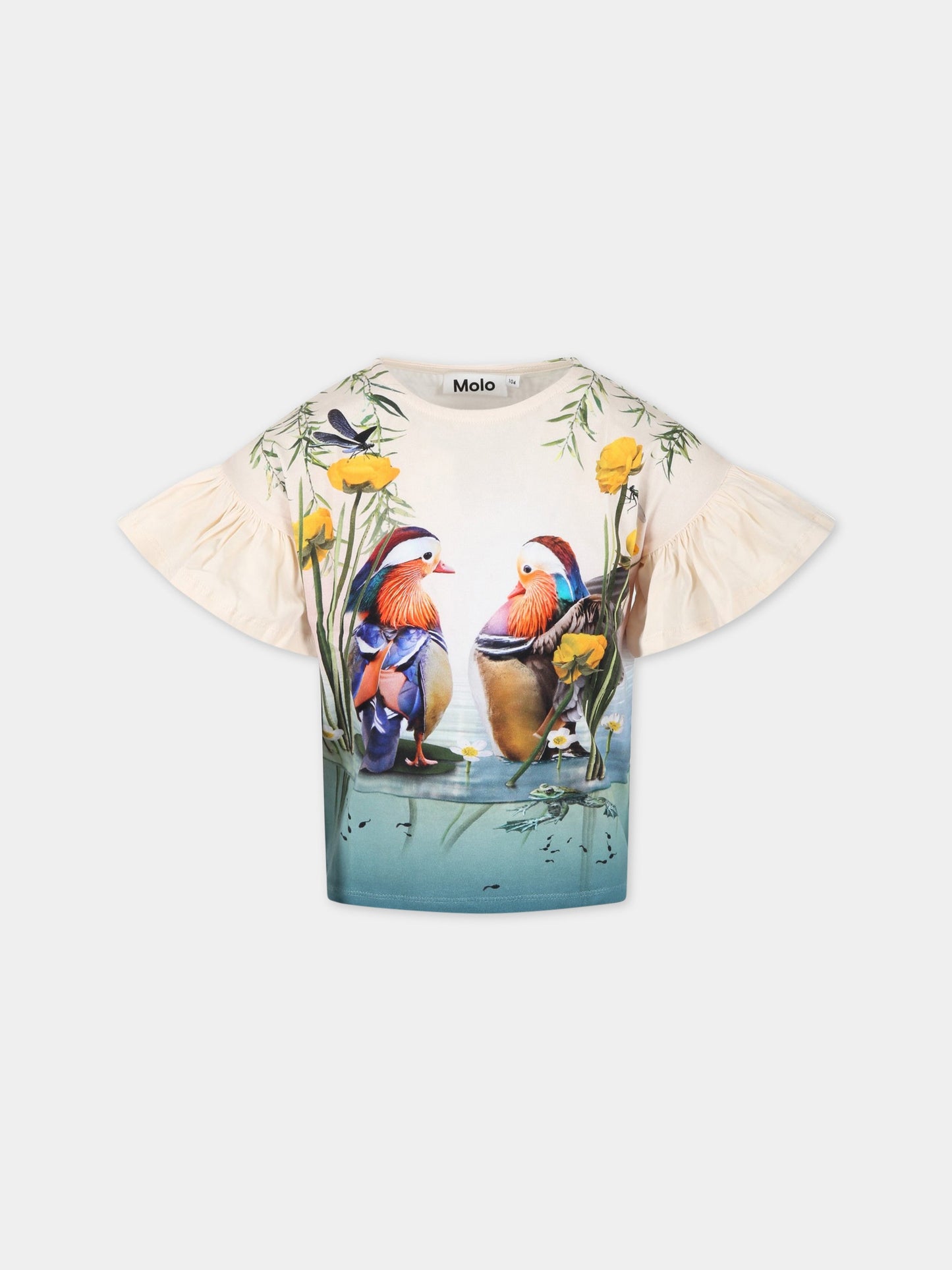 T-shirt avorio per bambina con uccelli e patch logato,Molo,2S23A214 7974