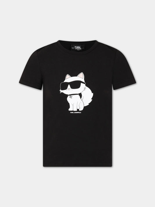 T-shirt nera per bambina con stampa e logo,Karl Lagerfeld Kids,Z15416 09B